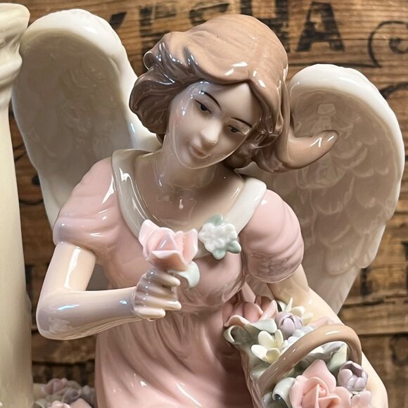 Porcelain Vintage Angel Figurine Seated on Bench Flowers & Dove - Picture 2 of 11